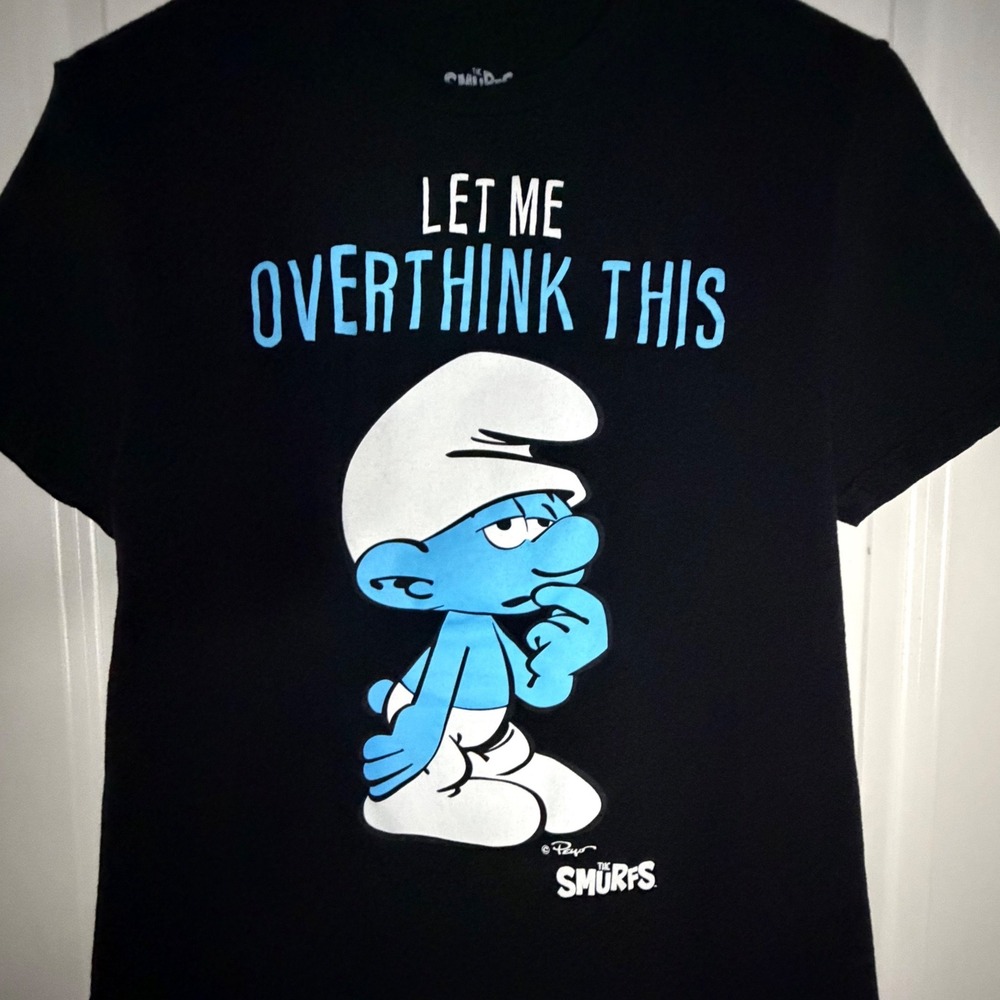 The Smurfs Cartoon Promo "Let Me Overthink This" Black T-Shirt Sz Mens Small